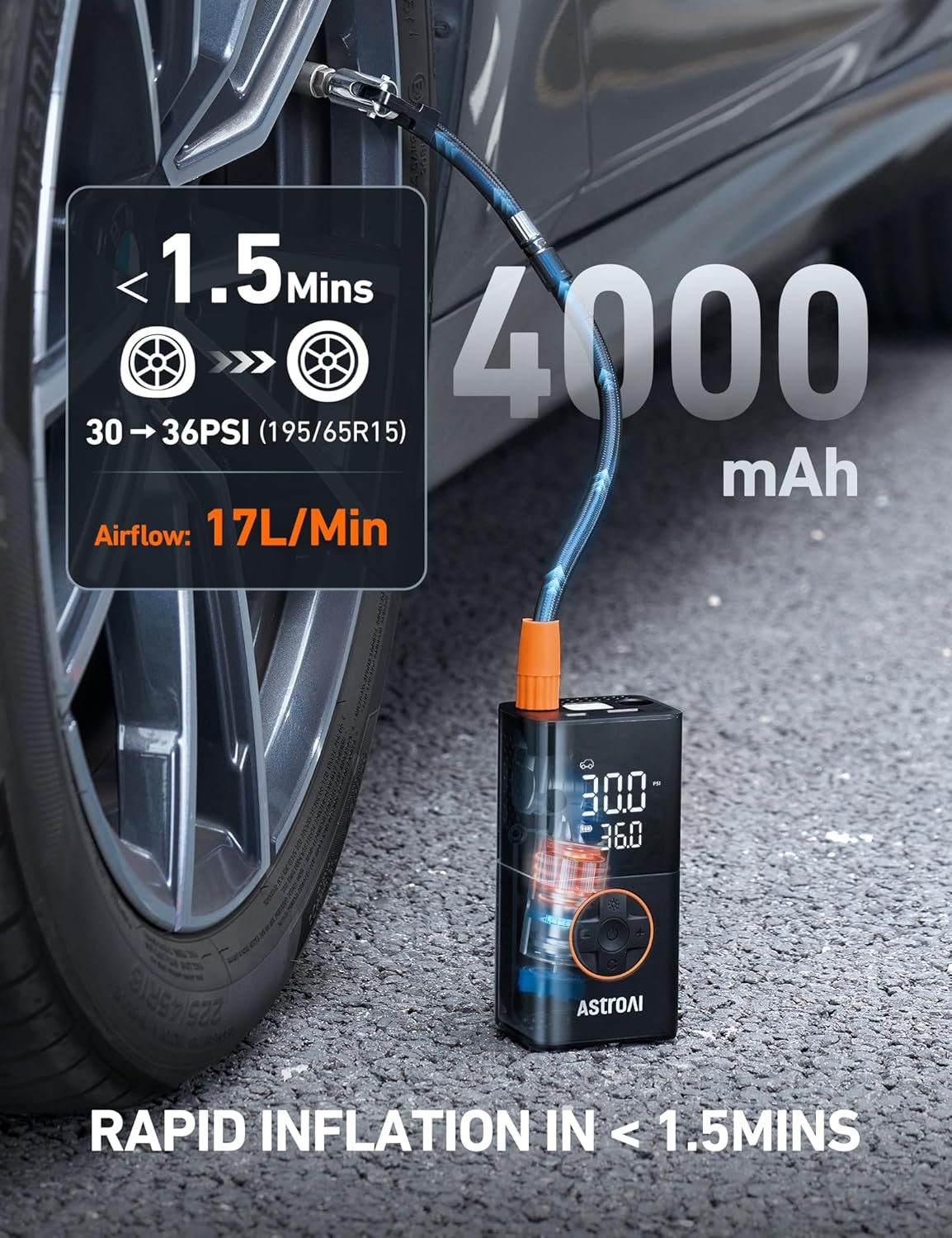 L7 Portable Tire Inflator - Cordless Mini Air Compressor with Digital Display, 150 PSI, LED Lights & Pressure Gauge for Cars, Motorcycles, Bikes, and Balls
