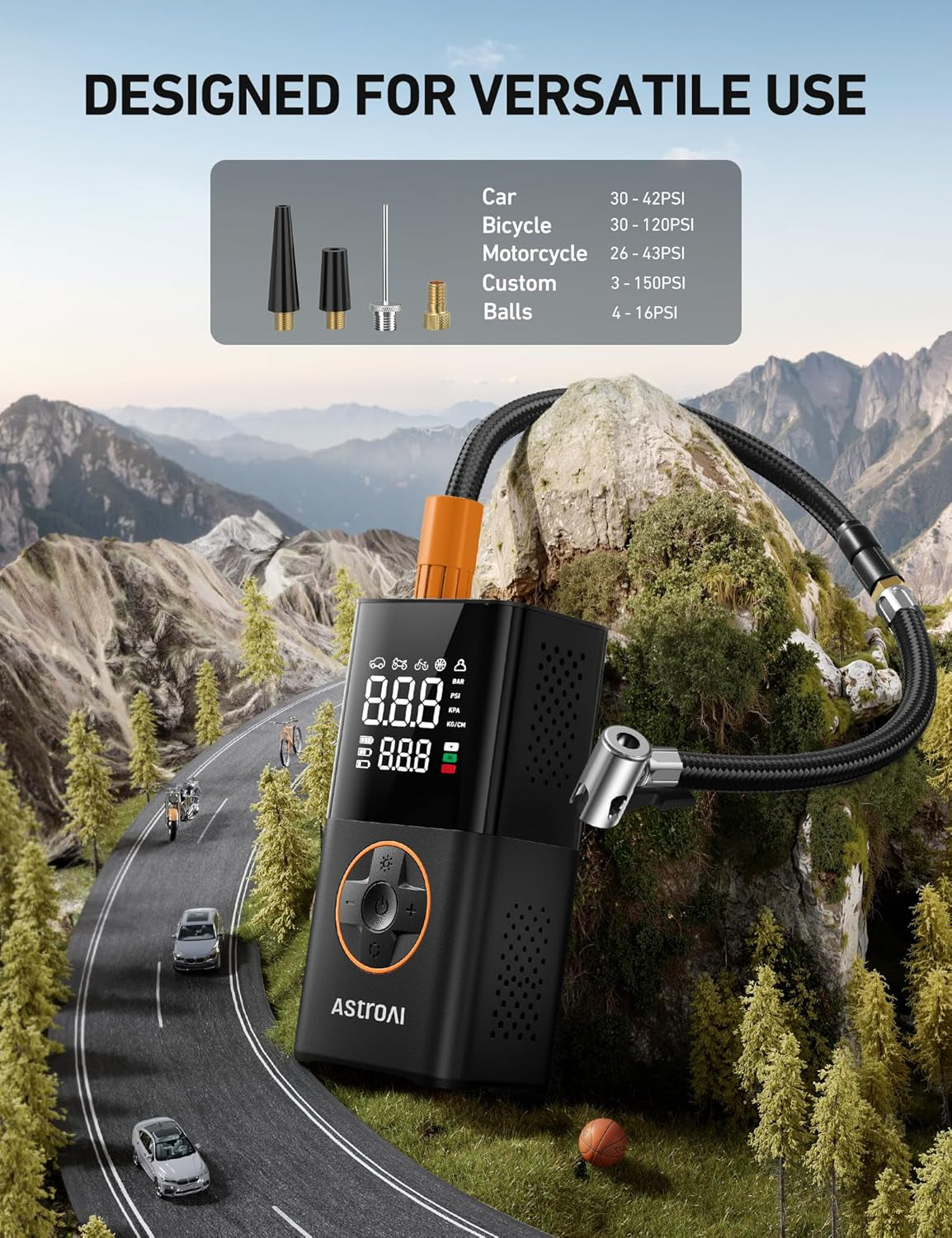 L7 Portable Tire Inflator - Cordless Mini Air Compressor with Digital Display, 150 PSI, LED Lights & Pressure Gauge for Cars, Motorcycles, Bikes, and Balls