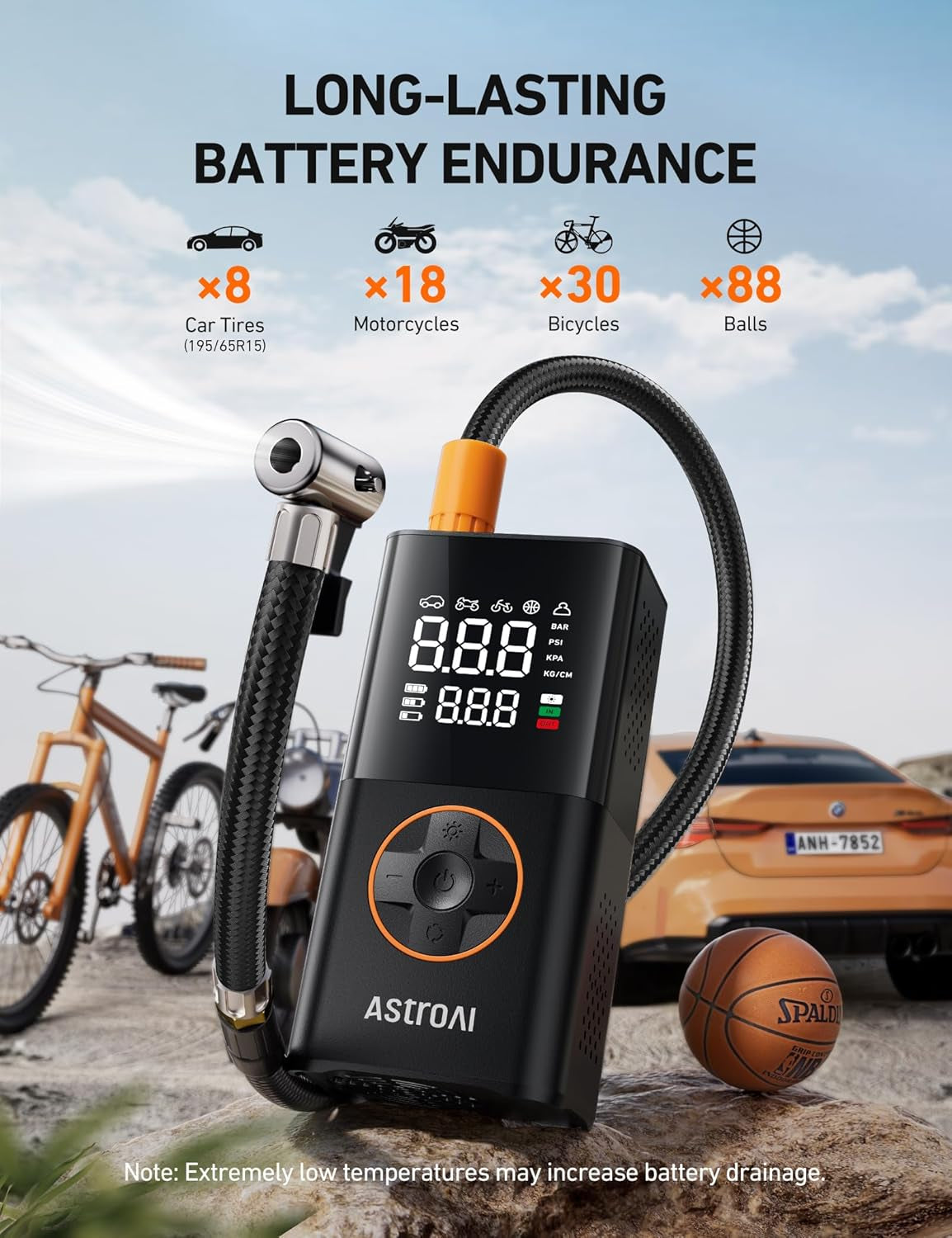 L7 Portable Tire Inflator - Cordless Mini Air Compressor with Digital Display, 150 PSI, LED Lights & Pressure Gauge for Cars, Motorcycles, Bikes, and Balls
