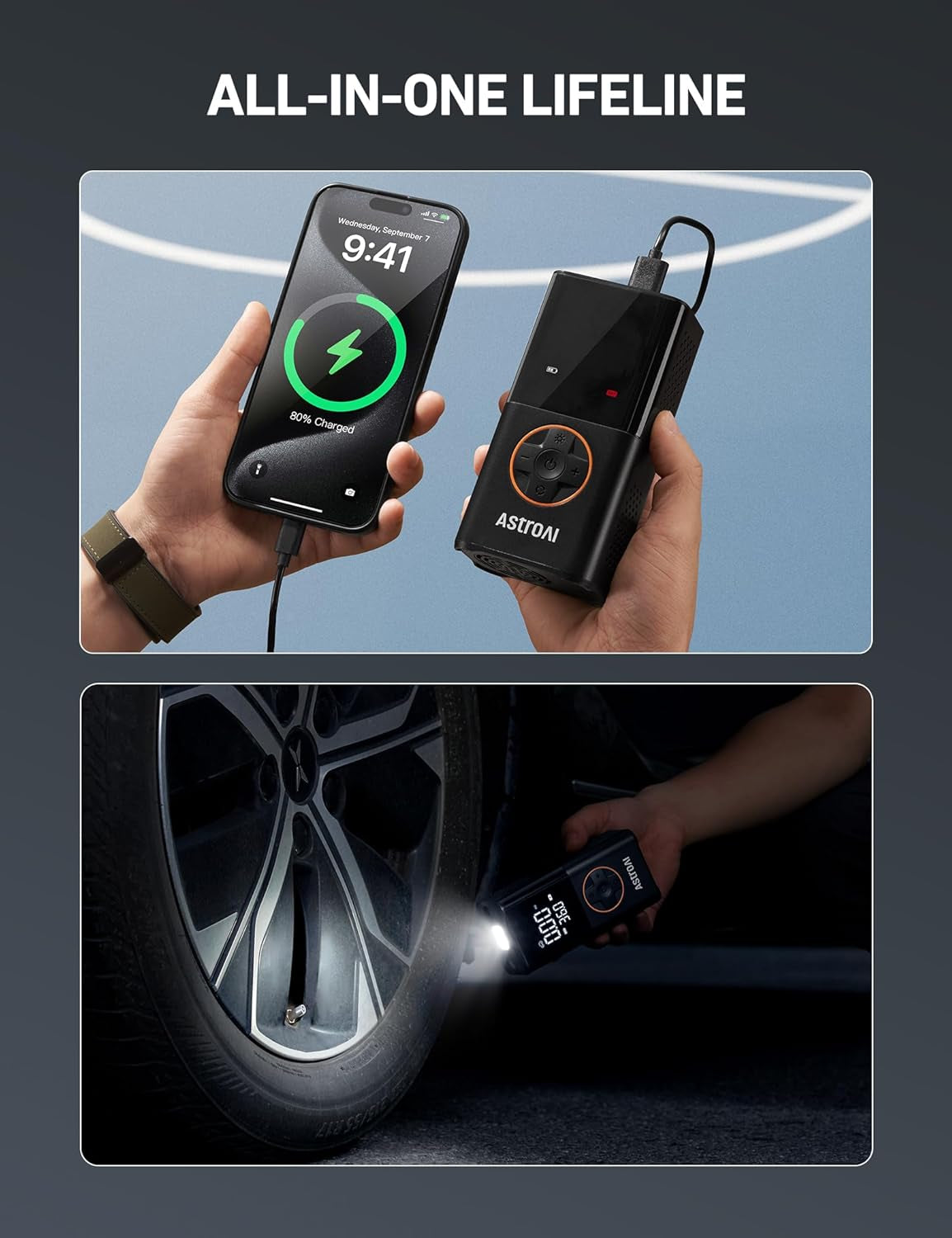 L7 Portable Tire Inflator - Cordless Mini Air Compressor with Digital Display, 150 PSI, LED Lights & Pressure Gauge for Cars, Motorcycles, Bikes, and Balls